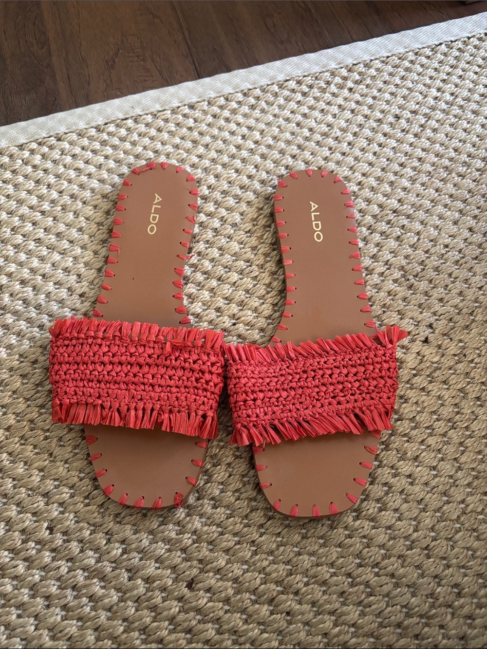 ALDO Red Raffia Fringe Slide Sandals